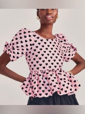 LOVESHACKFANCY Pink Taffeta & Black Velvet Heart Peplum Top Puff Sleeve Blouse